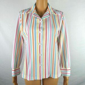 Vintage Long Sleeve Semi Sheer Rainbow Striped Button Up Blouse Top Shirt